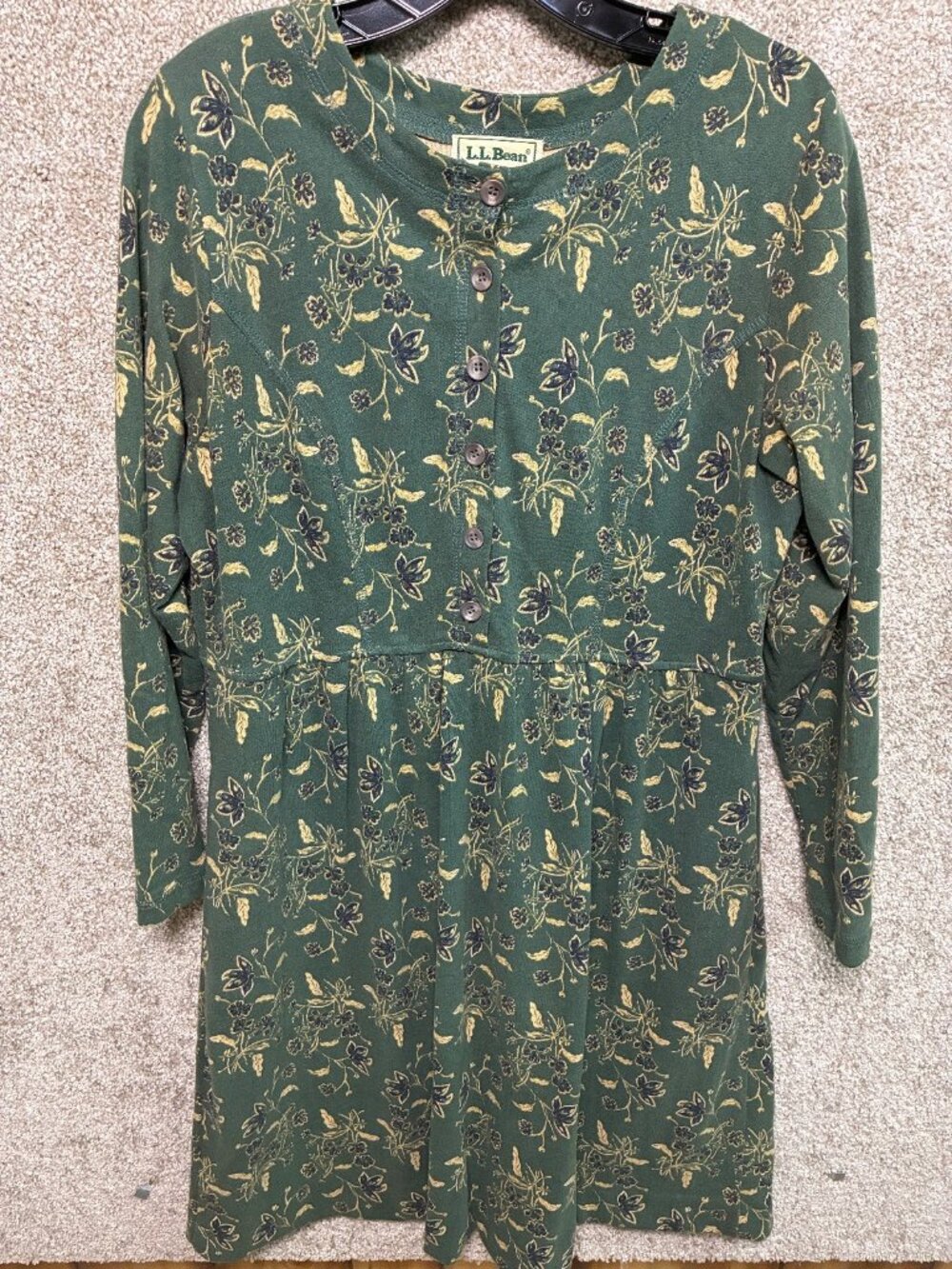 Vintage LL Bean Womens M Floral Dress Green 100% Cotton Made Canada Cottagecore